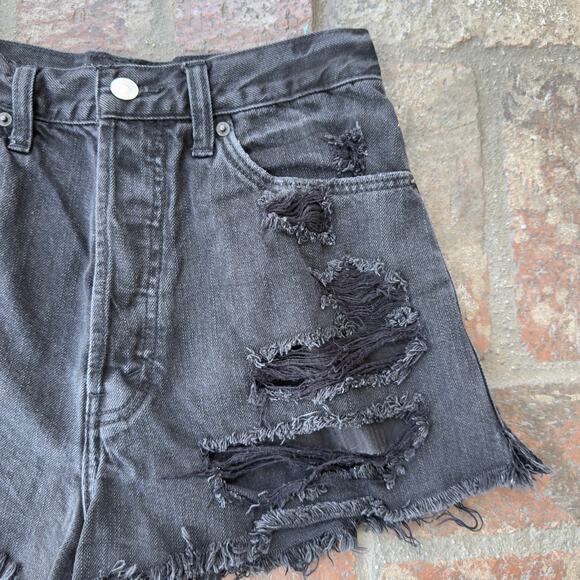 Abercrombie & Fitch Jean Shorts Denim Black Distressed 26 Raw Hem High Waist - Picture 3 of 9
